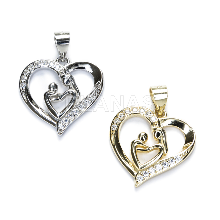 Pendant in rhodium-plated sterling silver and white zircons. heart mother and son.