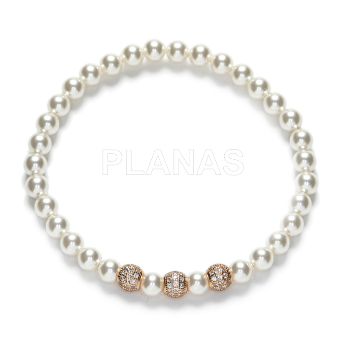Elastic bracelet with high quality 5mm austrian pearls and balls with zircons in sterling silver