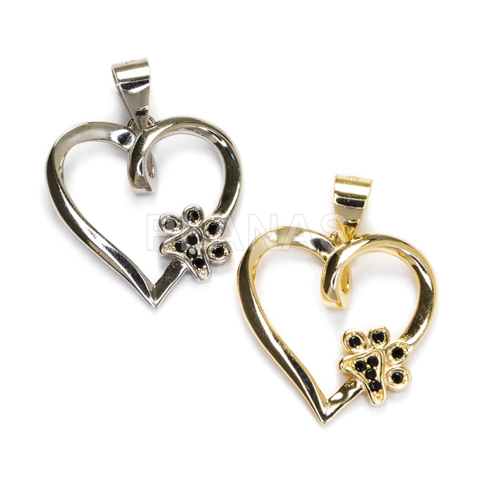Pendant in rhodium-plated sterling silver and black zircons. heart and hoof.