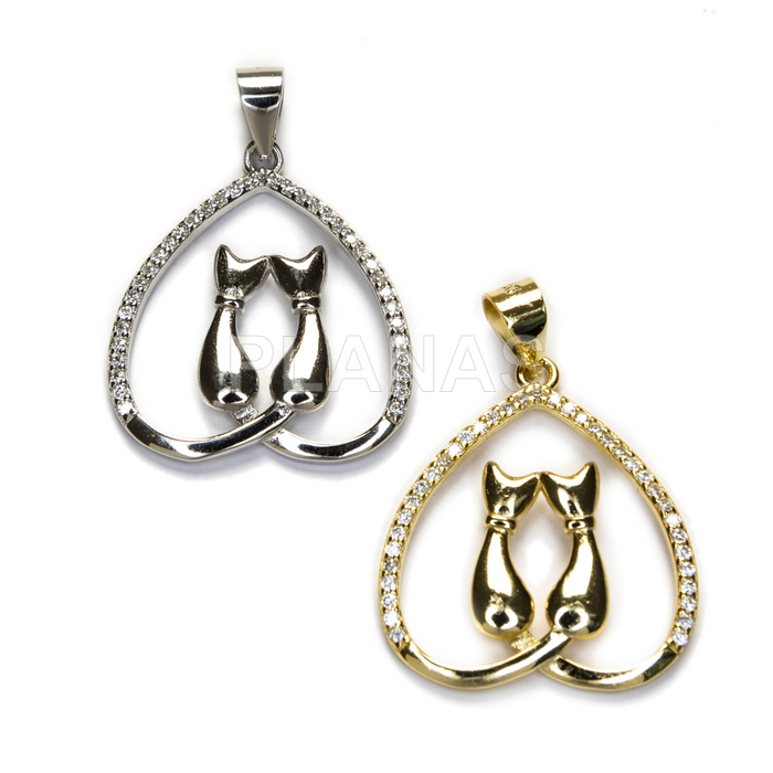 Pendant in rhodium-plated sterling silver and zircons. cats.