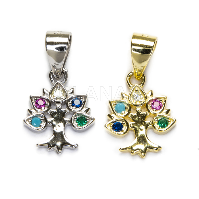 Pendant in rhodium-plated sterling silver and colored zircons. tree of life.