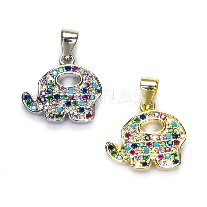 Pendant in rhodium-plated sterling silver and colored zircons. elephant.