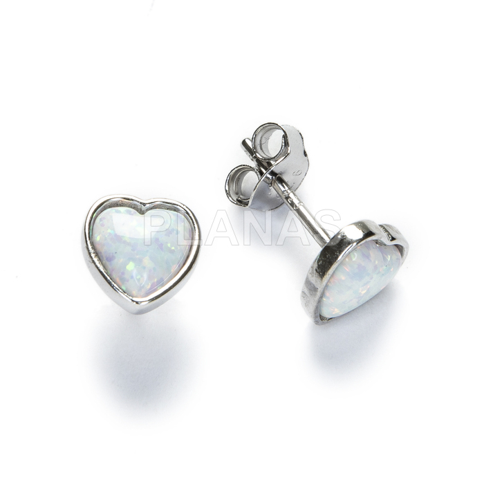 Earrings in rhodium-plated sterling silver and opal. heart.