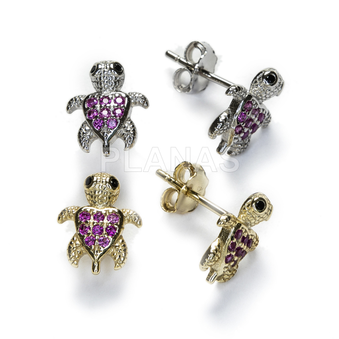 Earrings in rhodium-plated sterling silver and fuchsia zirconia. tortoise.