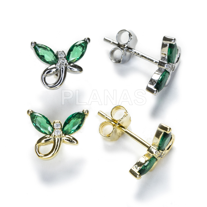 Earrings in rhodium-plated sterling silver and emerald zirconia. dragon-fly.