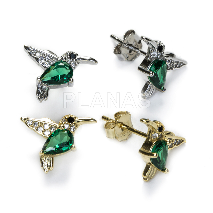 Earrings in rhodium-plated sterling silver and emerald zirconia. hummingbird.