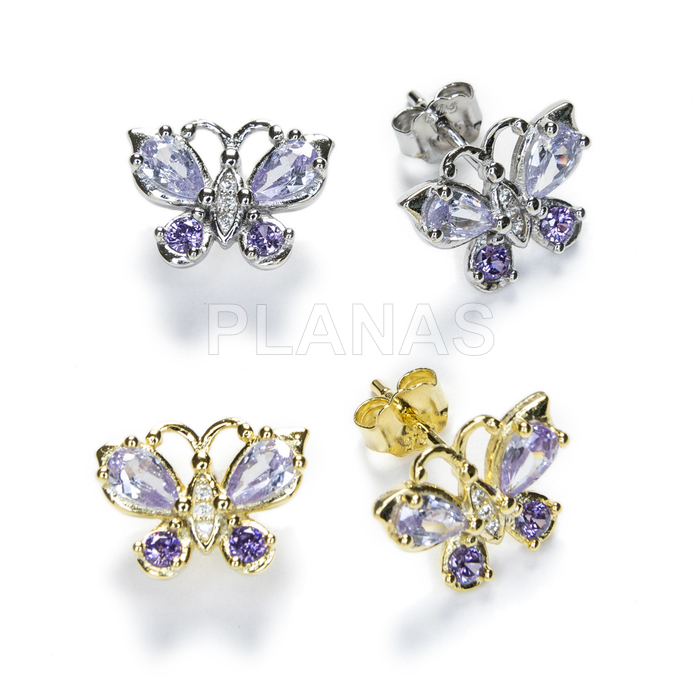 Earrings in rhodium-plated sterling silver and light amethyst zirconia. butterfly.