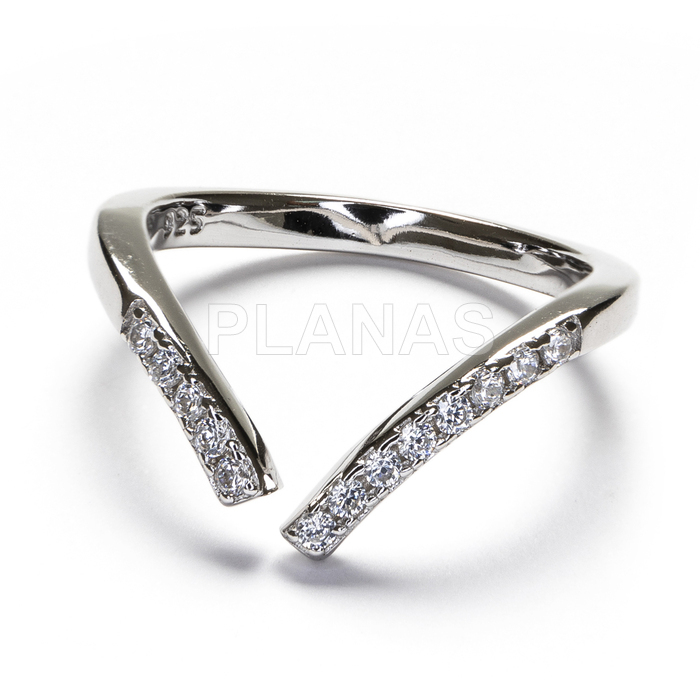 Adjustable ring in rhodium-plated sterling silver and zirconia.