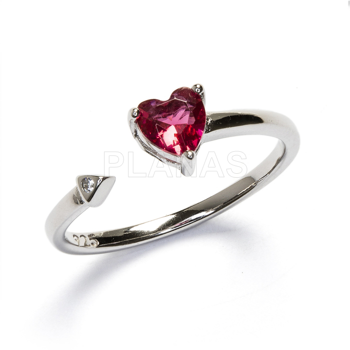 Adjustable ring in rhodium-plated sterling silver and zirconia. heart.