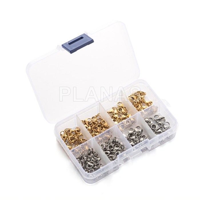 Caja con 140 mosquetones de diferentes medidas en Acero Inoxidable y en Baño Oro. 