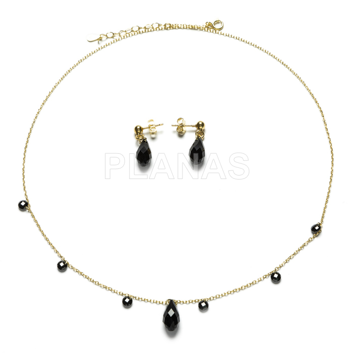 Necklace and earrings set in sterling silver and gold plated with black zircons.