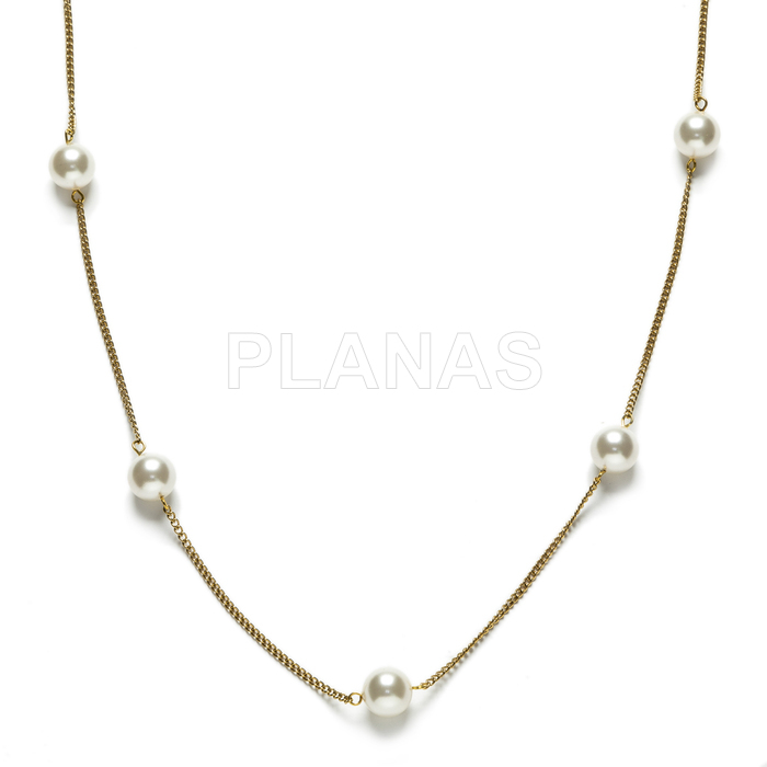 Stainless steel and gold plated necklace with 12mm high quality austrian pearl. white color
