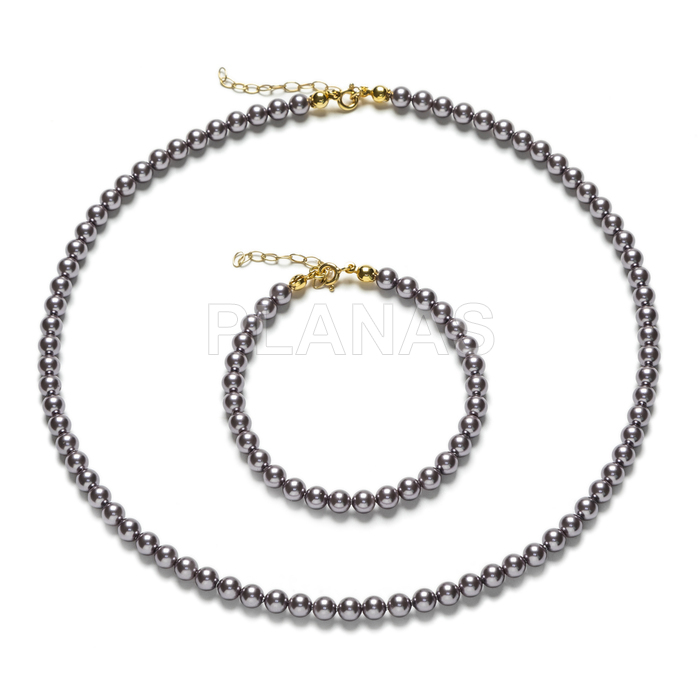 Necklace and bracelet set in sterling silver and gold plated top quality 5mm pearls. mauve color.