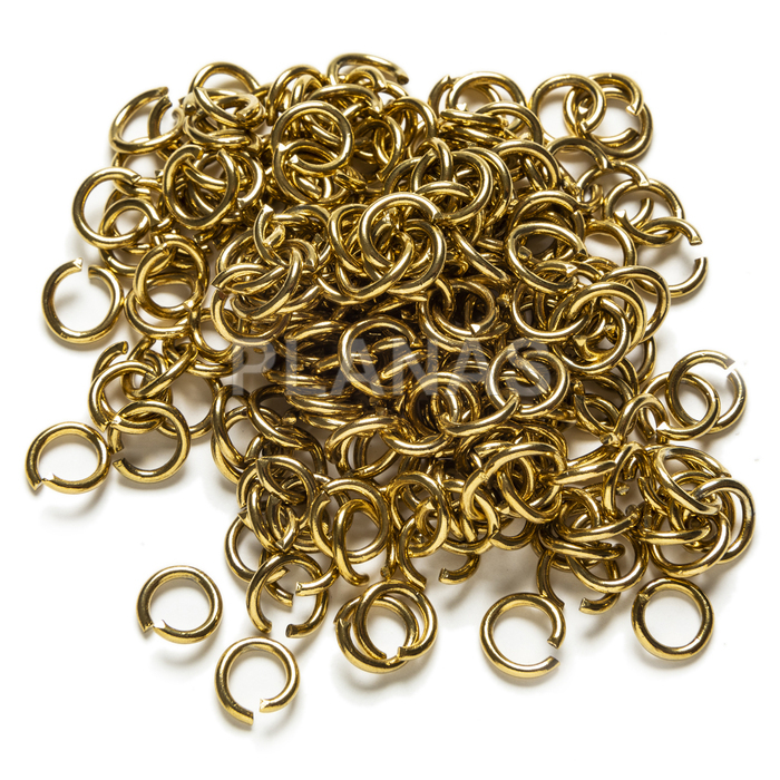 Anéis abertos em aço inox 304 e banhados a ouro. sacos de 200 unidades. 9x1,3mm.
