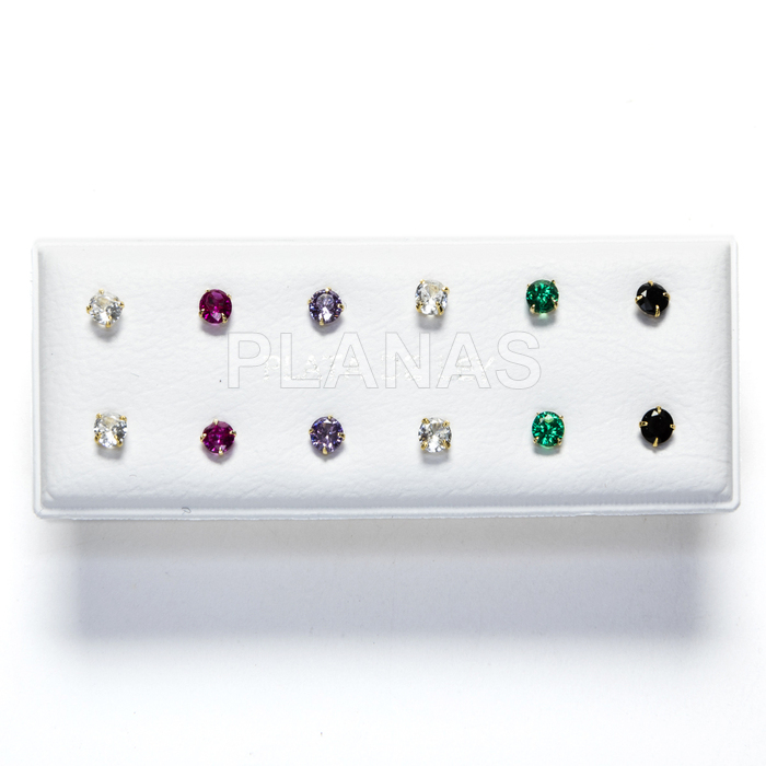 Sterling silver earrings, pack of 6 pairs. colored zirconias. 3mm.