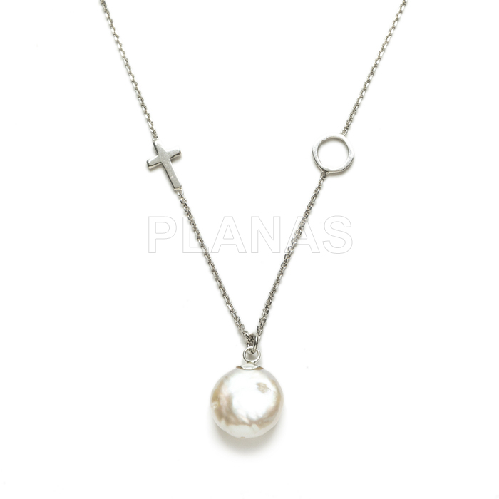 Necklace in rhodium-plated sterling silver and 12mm cultured pearl. cross.