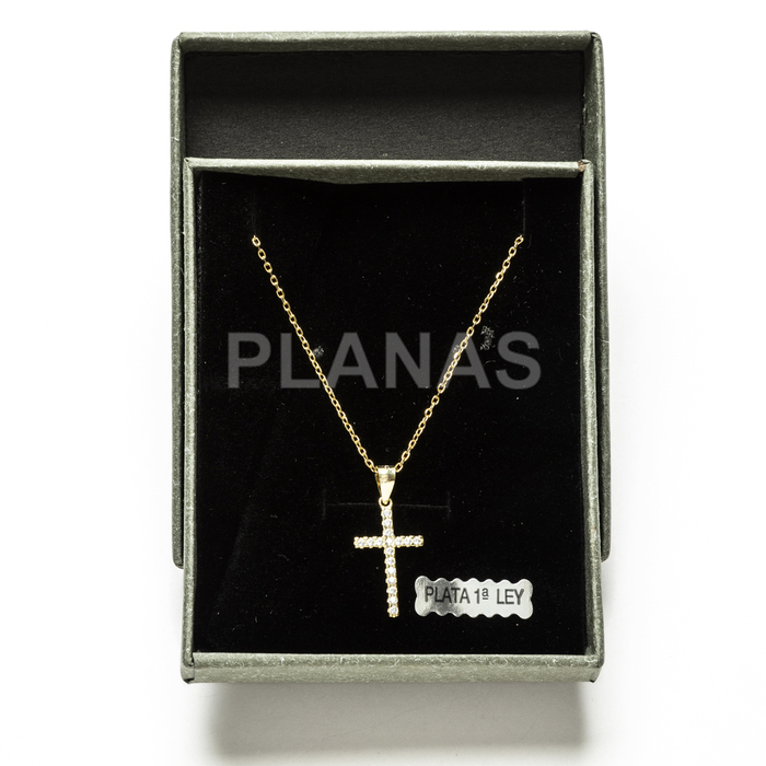 Necklace in sterling silver and gold plated with white zircons. cross.