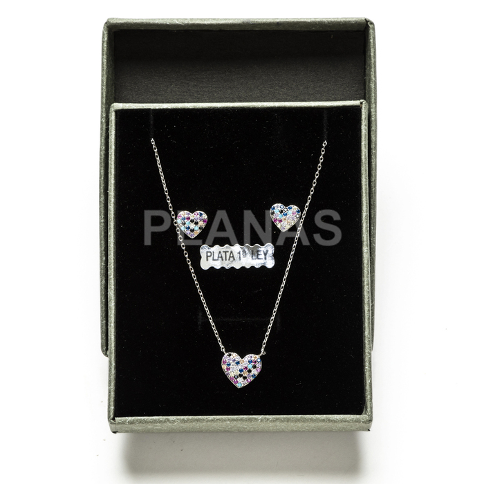 Set in rhodium-plated sterling silver and colored zirconia. heart.