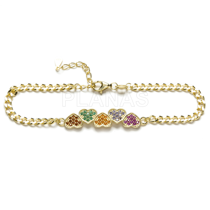 Bracelet in sterling silver and gold plated with colored zircons. hearts.