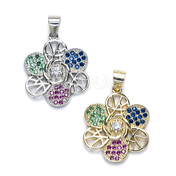 Pendant in rhodium-plated sterling silver and colored zircons. flower.