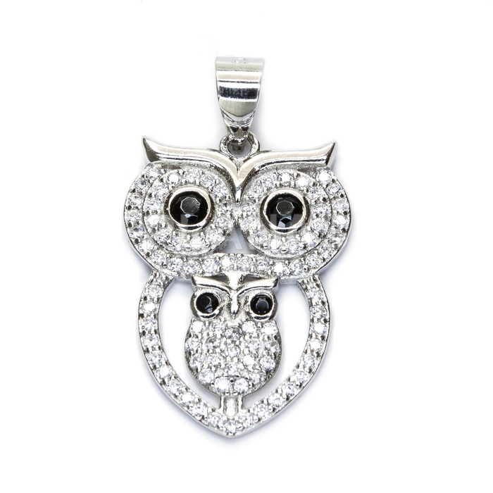 Pendant in rhodium-plated sterling silver and white zircons. owl.