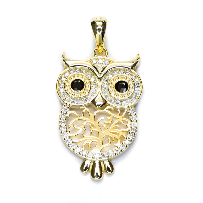 Pendant in sterling silver and gold plated with white zircons. owl.