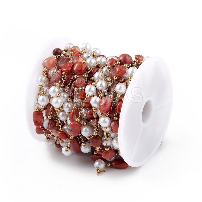 Tira de 1 Metro de perlas de Cristal y Agata Roja con  Acero Inoxidable y Baño Oro.