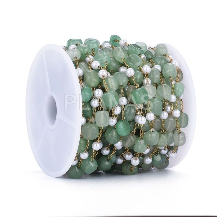 Tira de 1 Metro de perlas de Cristal y Aventurina verde con  Acero Inoxidable y Baño Oro.