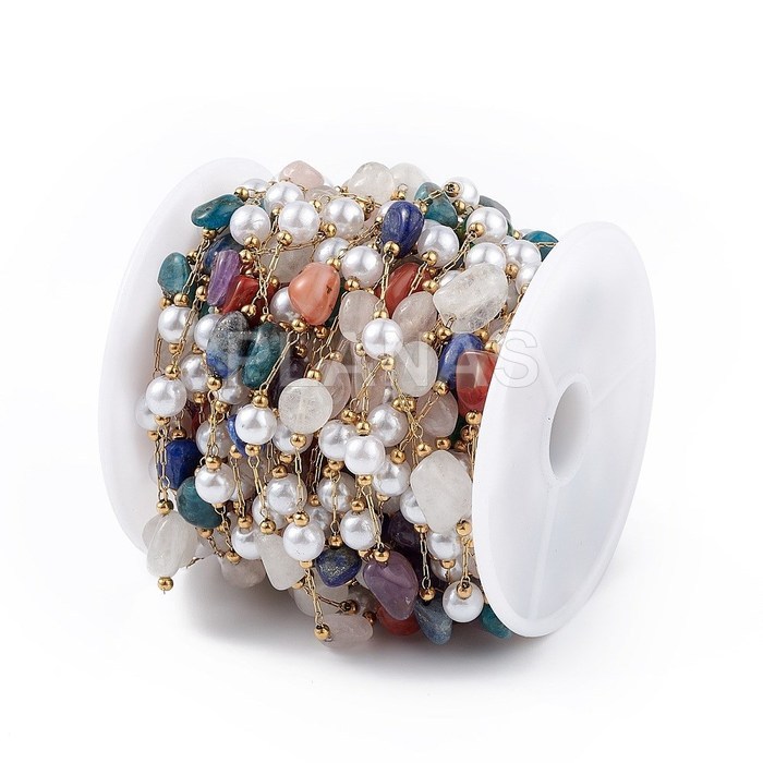 Tira de 1 Metro de perlas de Cristal y Piedras naturales variadas con  Acero Inoxidable y Baño Oro.