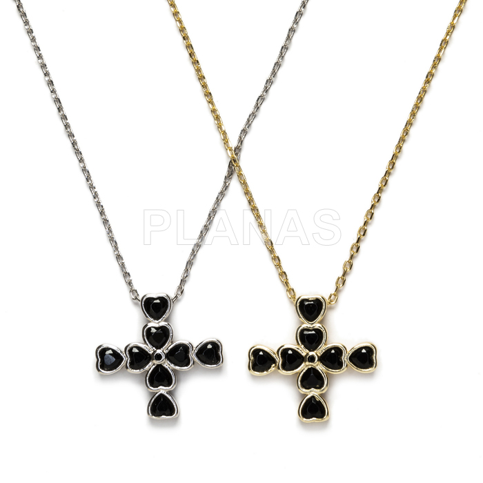 Necklace in rhodium-plated sterling silver with black zircons. cross.