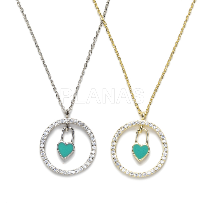 Necklace in rhodium-plated sterling silver with white zircons and turquoise enamel heart.