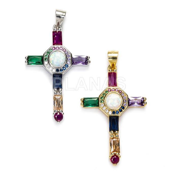 Pendant in rhodium-plated sterling silver and colored zircons. cross.
