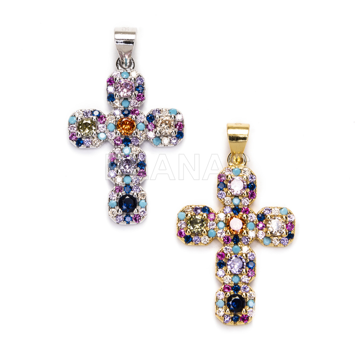 Pendant in rhodium-plated sterling silver and colored zircons. cross.