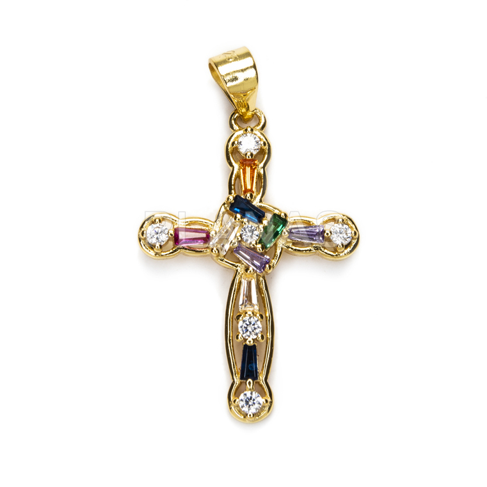 Colgante en Plata de ley y baño oro con circonitas de colores. CRUZ.