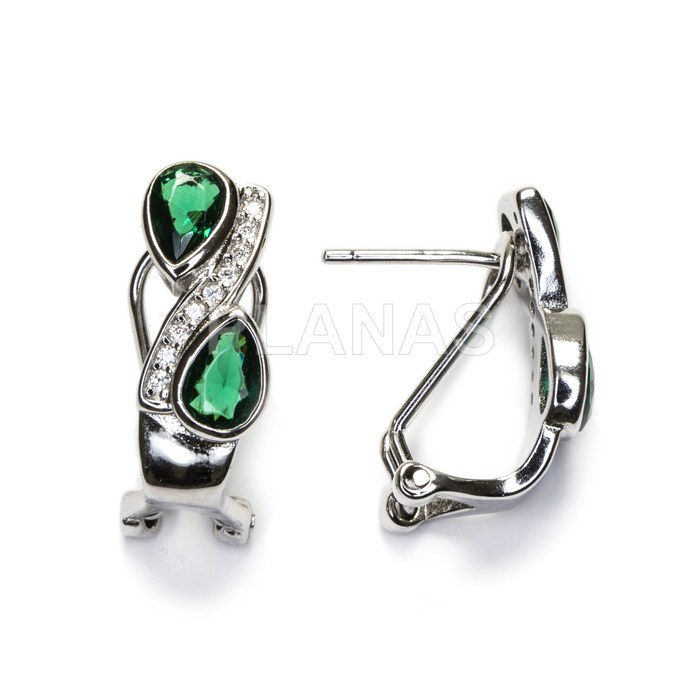 Earrings in rhodium-plated sterling silver and white and emerald zirconia.