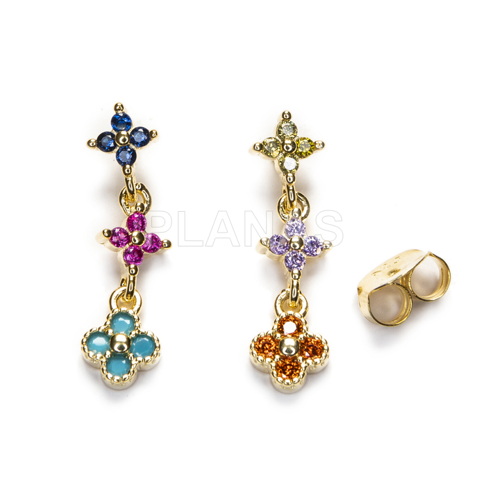 Earrings in sterling silver and gold plated with colored zircons.