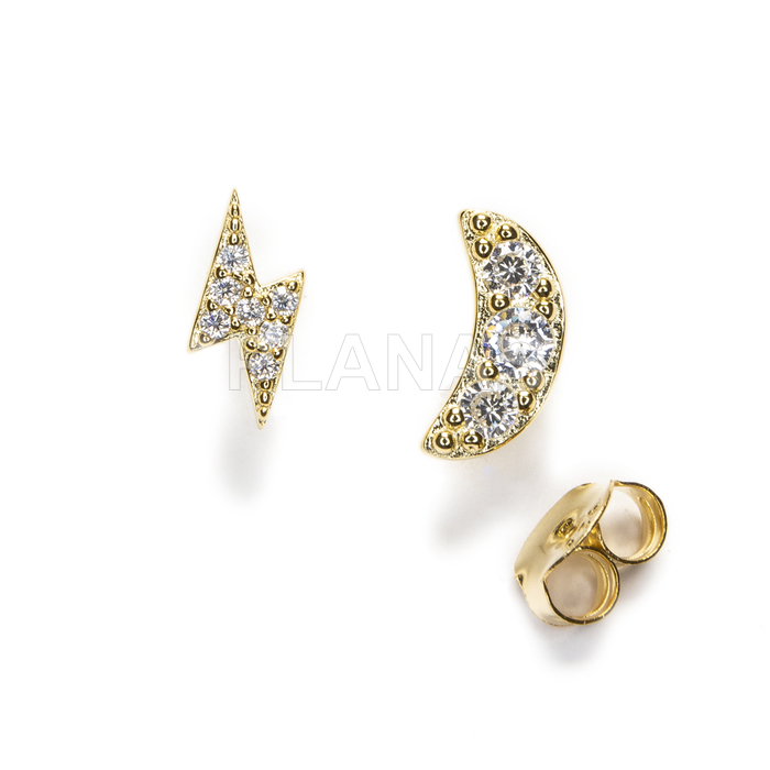 Earrings in sterling silver and gold plated with zircons. moon and lightning.