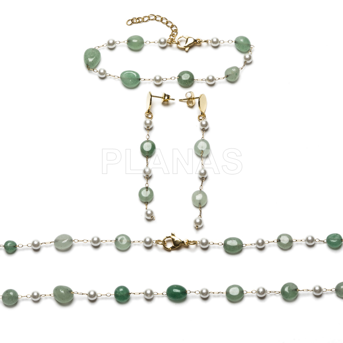 Conjunto de Collar, Pulsera y pendientes en acero inoxidable y Baño Oro con Aventurina verde.
