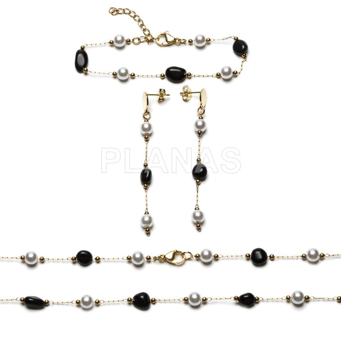 Conjunto de Collar, Pulsera y pendientes en acero inoxidable y Baño Oro con Agata Negra.