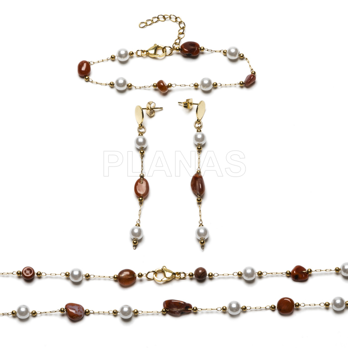 Conjunto de Collar, Pulsera y pendientes en acero inoxidable y Baño Oro con Agata Roja.