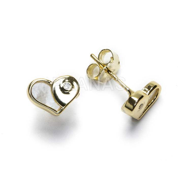 Earrings in sterling silver and gold plated with mother of pearl and zirconia. heart.