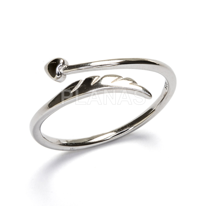 Open ring in rhodium-plated sterling silver. feather.
