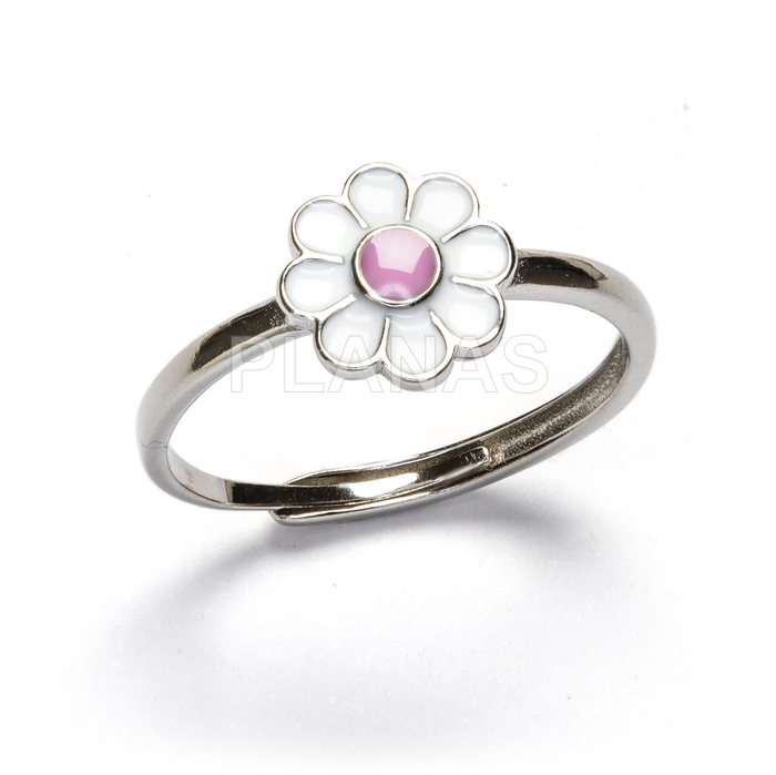 Open ring in rhodium-plated sterling silver and enamel. flower.