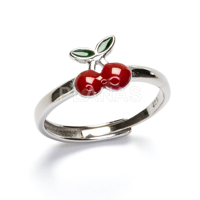 Open ring in rhodium-plated sterling silver and enamel. cherries.