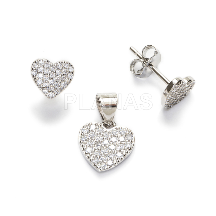 Set of zirconia and rhodium-plated sterling silver. heart.