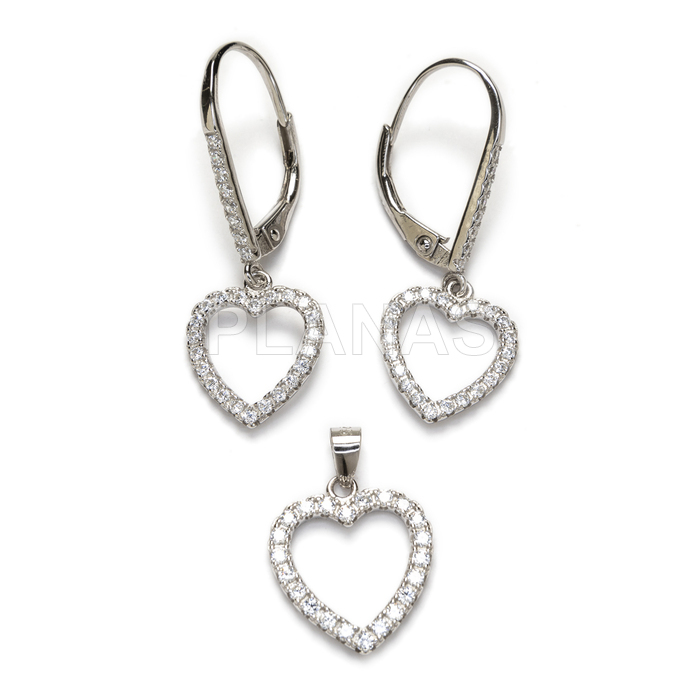 Set of zirconia and rhodium-plated sterling silver. heart.