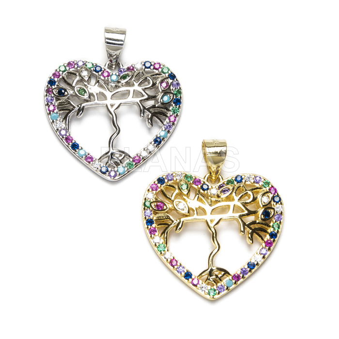 Pendant in rhodium-plated sterling silver and colored zircons. heart and tree of life.