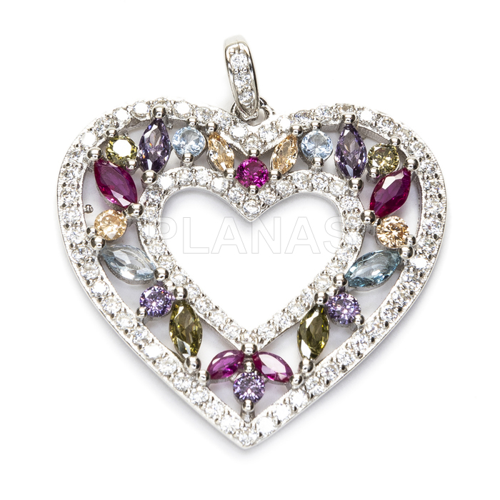 Pendant in rhodium-plated sterling silver and colored zircons. heart.