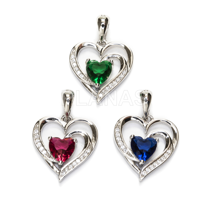 Pendant in rhodium-plated sterling silver and zircons. heart.