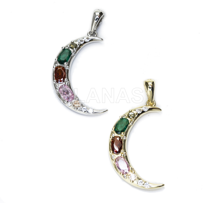 Pendant in rhodium-plated sterling silver and colored zircons. moon.